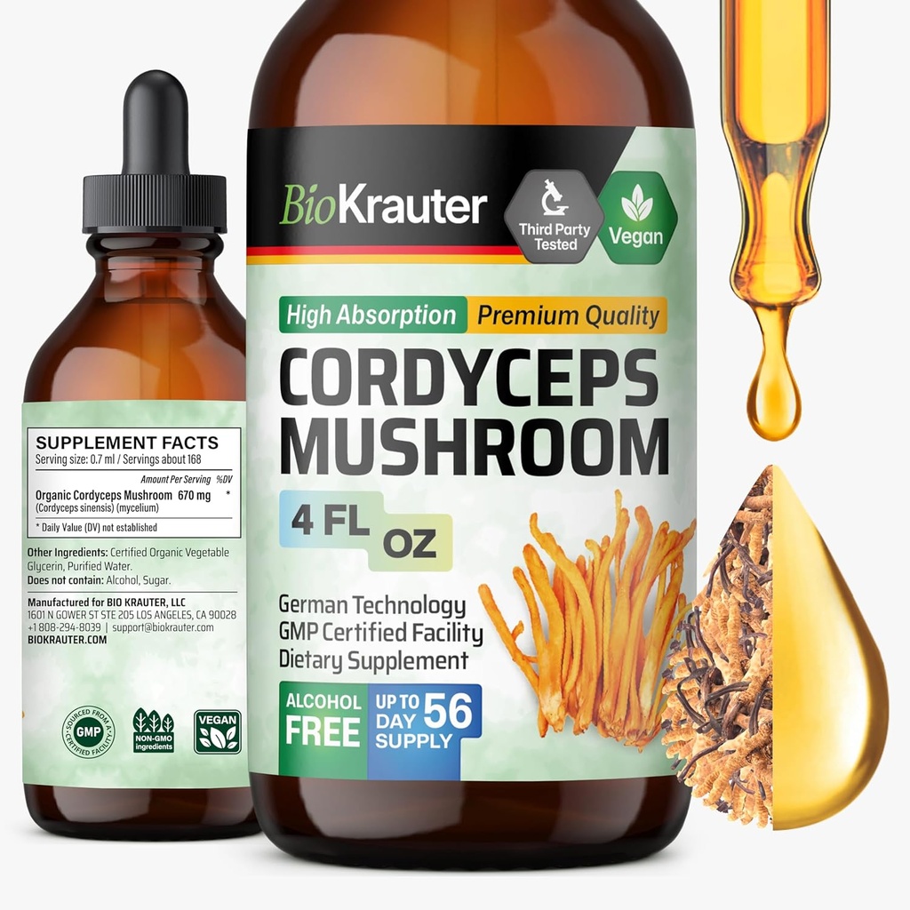 BIO KRAUTER Cordyceps grybų ekstraktas - Cordyceps Sinensis skystų grybų ekstraktas - 670 mg per serving - Vegan, Alkoholio & Cukraus nemokamai - 4 Fl.Oz.