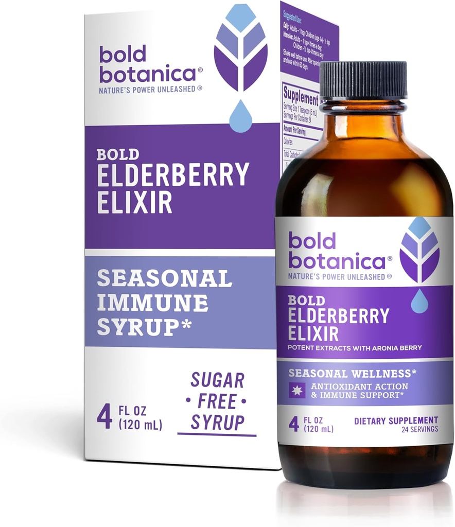 Bold Botanika Elderberry Elixir - 65x Koncentruotas ekstraktas - Sugar- Free - Kid Friendly - Black Elderberry Syron with Aronia Berry for Immune Support - 4 Fl. Oz.