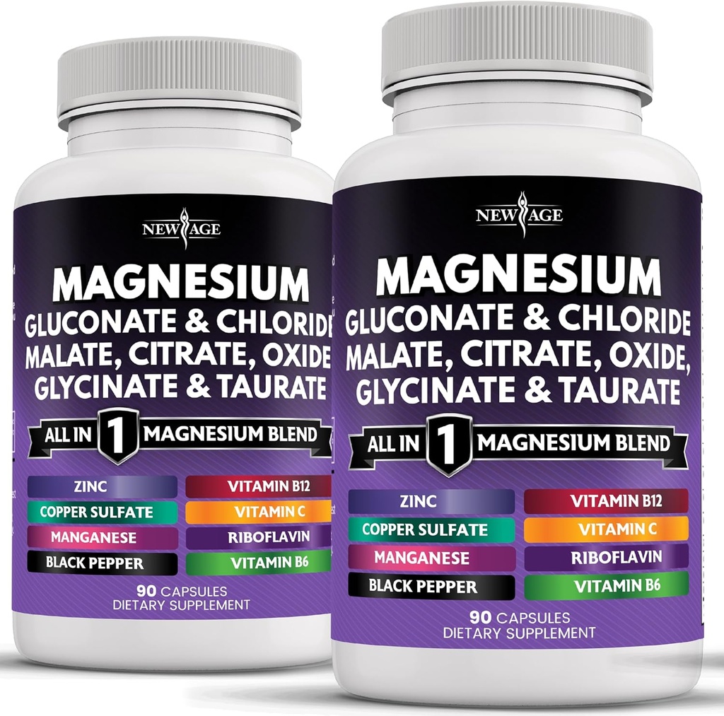 NEW AGE Magnesium Supplement -Powerful Glycinate Citrate Malate Oxide Taurate Aspartate Gluconate Orotate & Mag Chloride Manganese Bone Health and Bone Strength, Joint Support- 180 Count