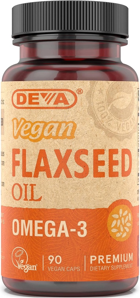 Deva Vegan Omega-3 Flaxseed Oil Addition - 1000 MG per Serving - Cold- pressed & nerafinuotas - Žuvų aliejus alternatyva - su Omega-3 ALA - 90 kapsulės, 1-pakuotė