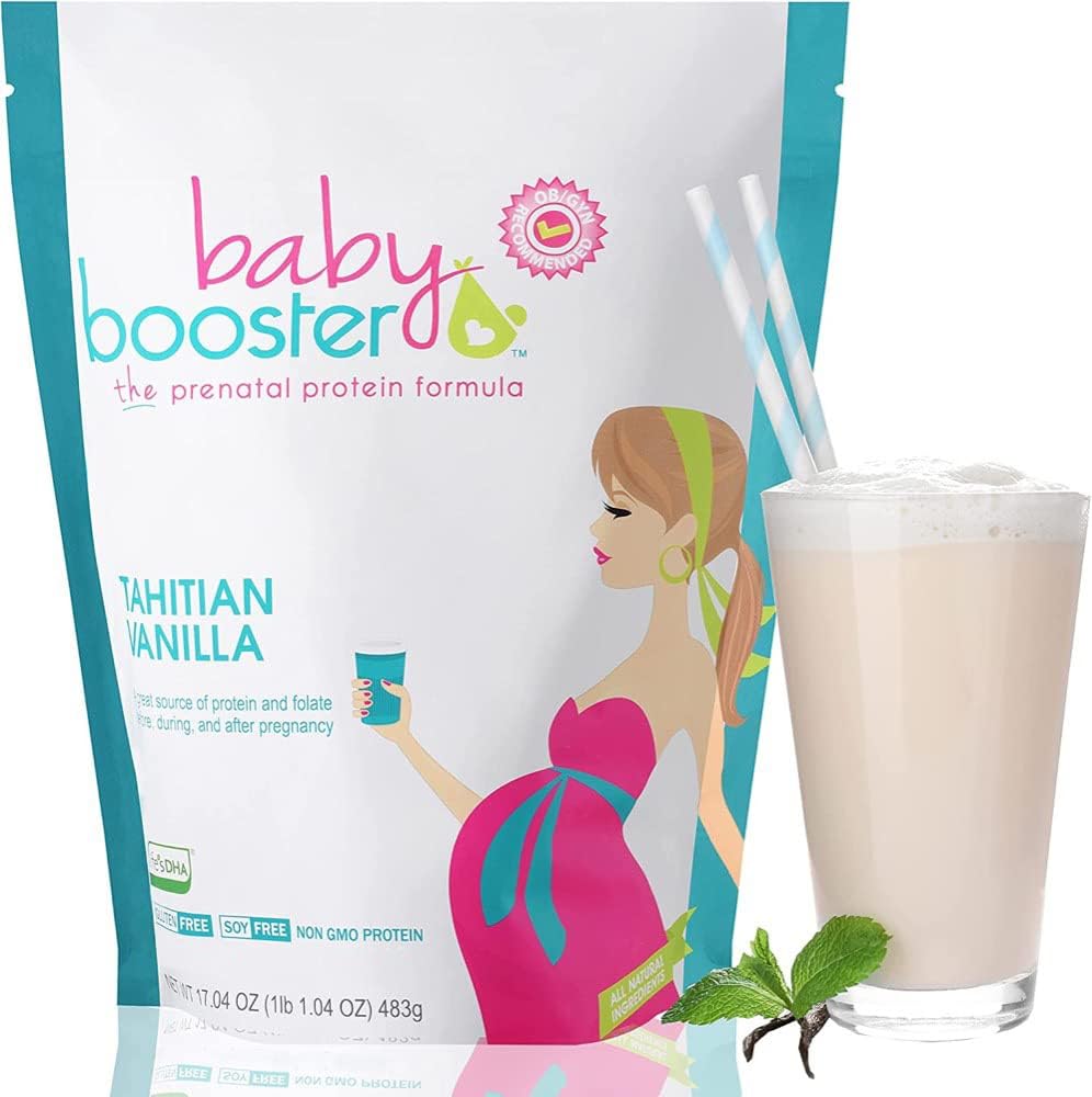 Kūdikių Booster Tahitian Vanilla Prenatal Vitaminas papildas ir baltymų purtyti, Kofeinas nemokamai, Visi natūralūs, Vegetariškas DHA, Aukštas proteinas, Metilo foliatas, B Vitaminai, Puikus ryte liga, 1 LB