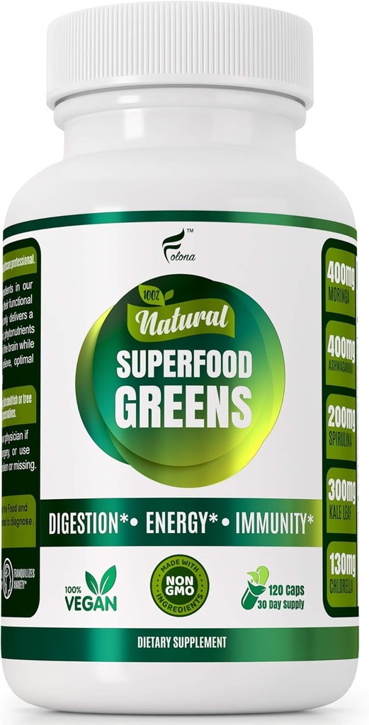 Organic Vegan Super Green Capsules su Ashwagandha - Imuninė parama su visais natūralių maisto produktų Chlorella, Moringa, Spirulina, Turmeric, Kale. Pagerinti Digestion, Padidinti energijos - Detox Pills