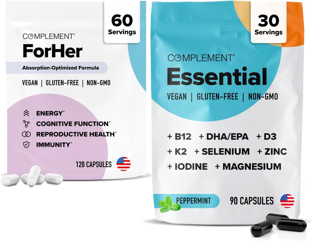 Komplement ForHer & Eterinis Vegan Multivitaminas Bundle - 30-Diena Moterų sveikatingumo parama su Omega 3, B12, D3, Geležis, Folate & Daugiau - Energija, Imunitetas & Hormonų balansas