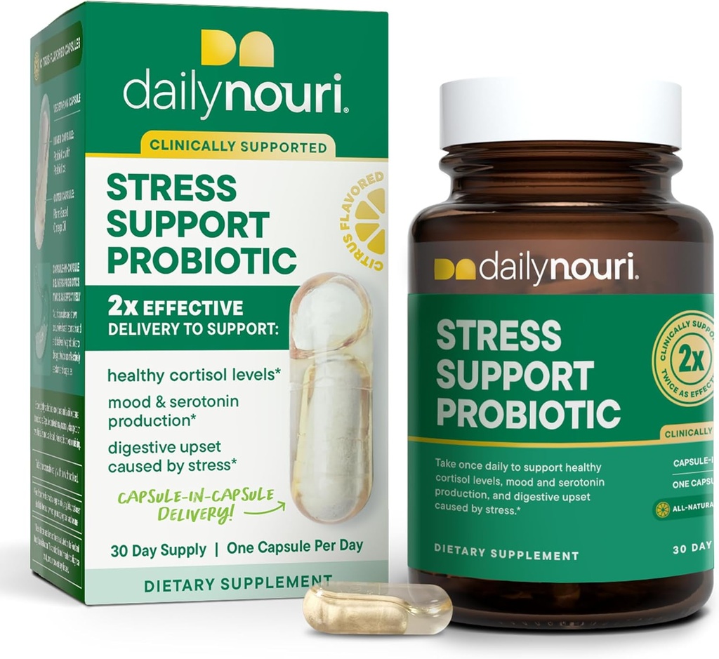 Kasdien Nouri Stress Support Probiotic for Women & Men ® 124; Support Cortisol Management, Stress Relief, Mood, Digestion & Gut Health ® 124; 3 Kliniškai studijavo Strips + Vegan Omega Oil Bendrijoje 124; 30- Day Supply