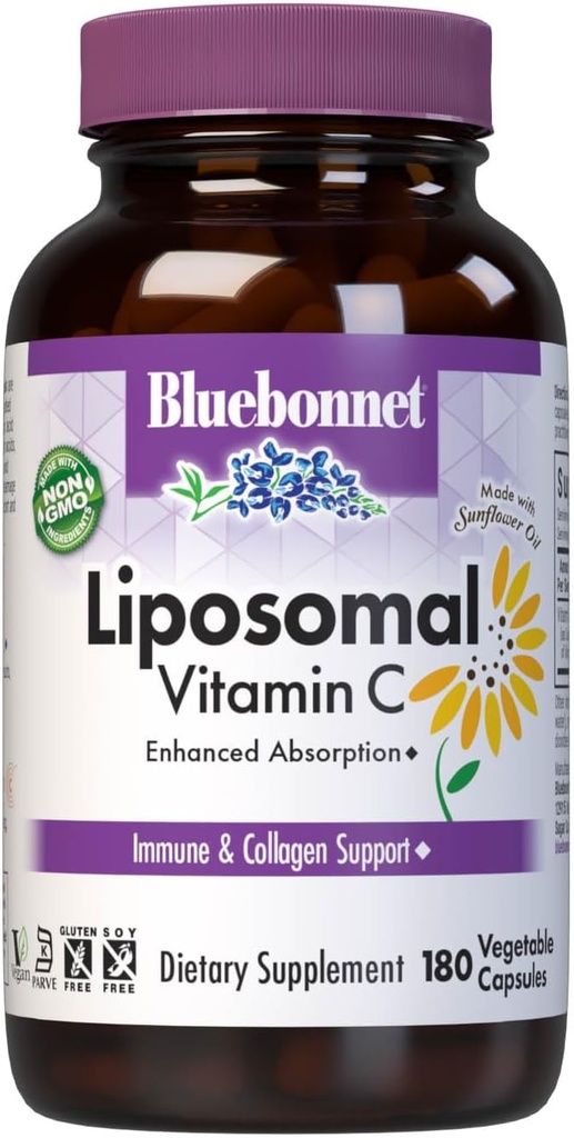 BlueBonnet Nutrition Liposominis Vitaminas C 1000 mg, Pagaminta su saulėgrąžų aliejumi, imuninis ir bendras komfortas *, Vegan, Košeris, Ne GMO, Nemokamas maistas, Sojos nemokamai Milk-Free, 180 Daržovių kapsulės, 90 Paslaugos
