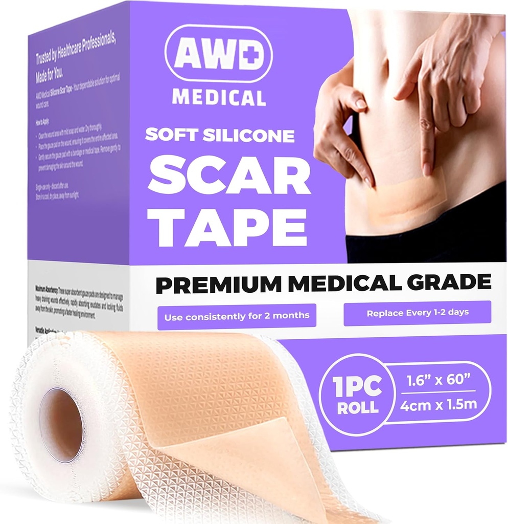 AWD Silikoninis Scare Lapai Chirurginiai randai - Besiūliai medicinos laipsnio Silikoninis Scard Tape C skyrius, Tummy Tuck Tape - Silikoniniai Odos pleistrai Po operacijos turi Haves (1.6 "x 60" Besiūliai Roll)