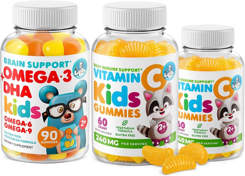 Omega-3 DHA Gummies & Vitaminas C Gummies vaikams ir suaugusiems - Imuninė parama, Low-Sugar, Želatina nemokamai, Vegetaras, Chewable Vitaminai Toddlers