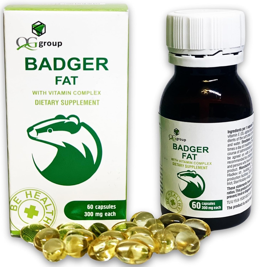 QG grupė "Badger Fat Natural Source of Polinetical riebalų rūgščių - 60 kapsulių, po 300 mg