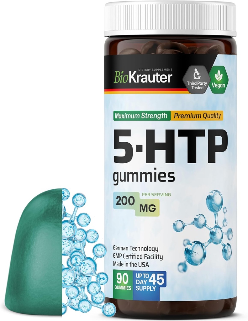BIO KRAUTER 5 HTP priedas Gummies - 200 mg Stiprumas - 90 Vegan Chews - Relaxation Support 5HTP Plus L Triptophan Addition - Pektinas pagrįsta formulė