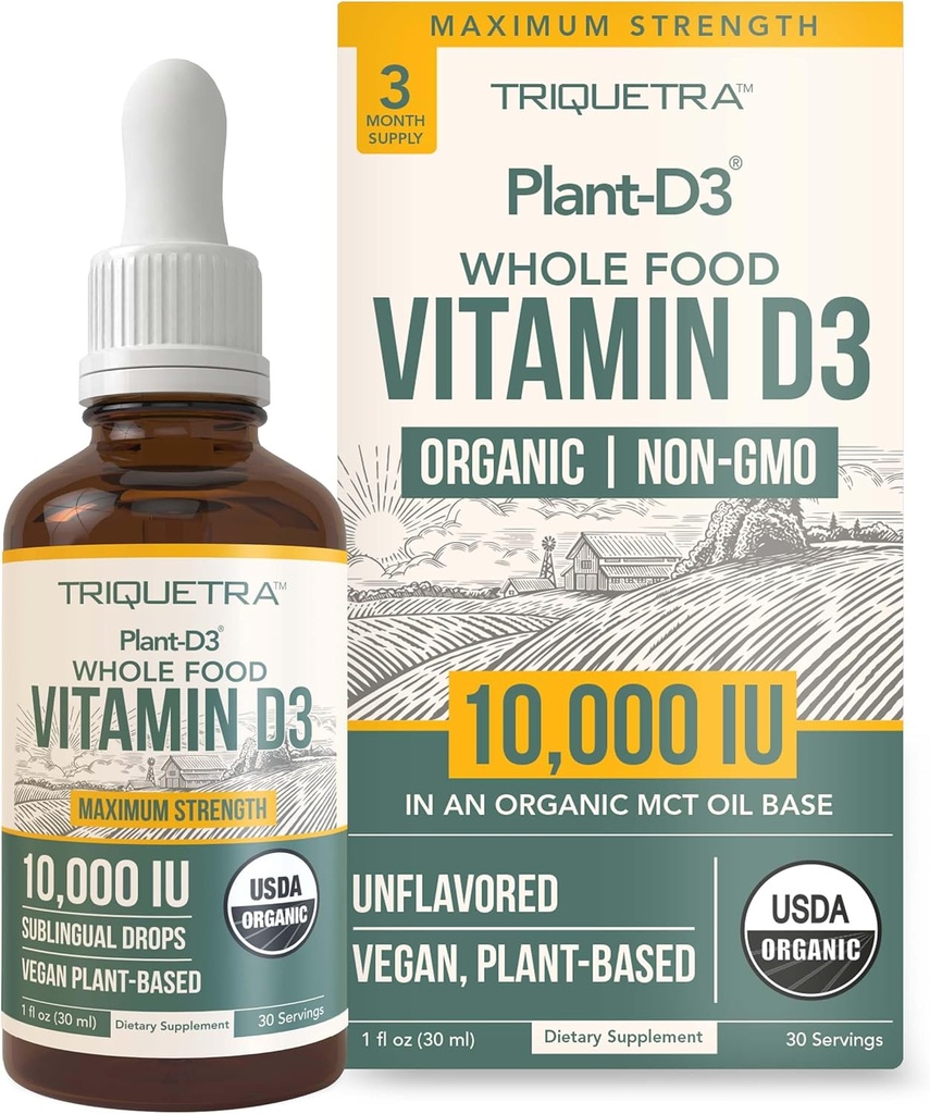 Organinis vitaminas D3 10 000 TV - augalas D3, veganas, Max stiprumo poliežuviniai skysti D3 lašai - 200% didesnė absorbcija, 100% plantacinė cholekalciferolio forma ir reguliuojamoji dozė (30 serverių)