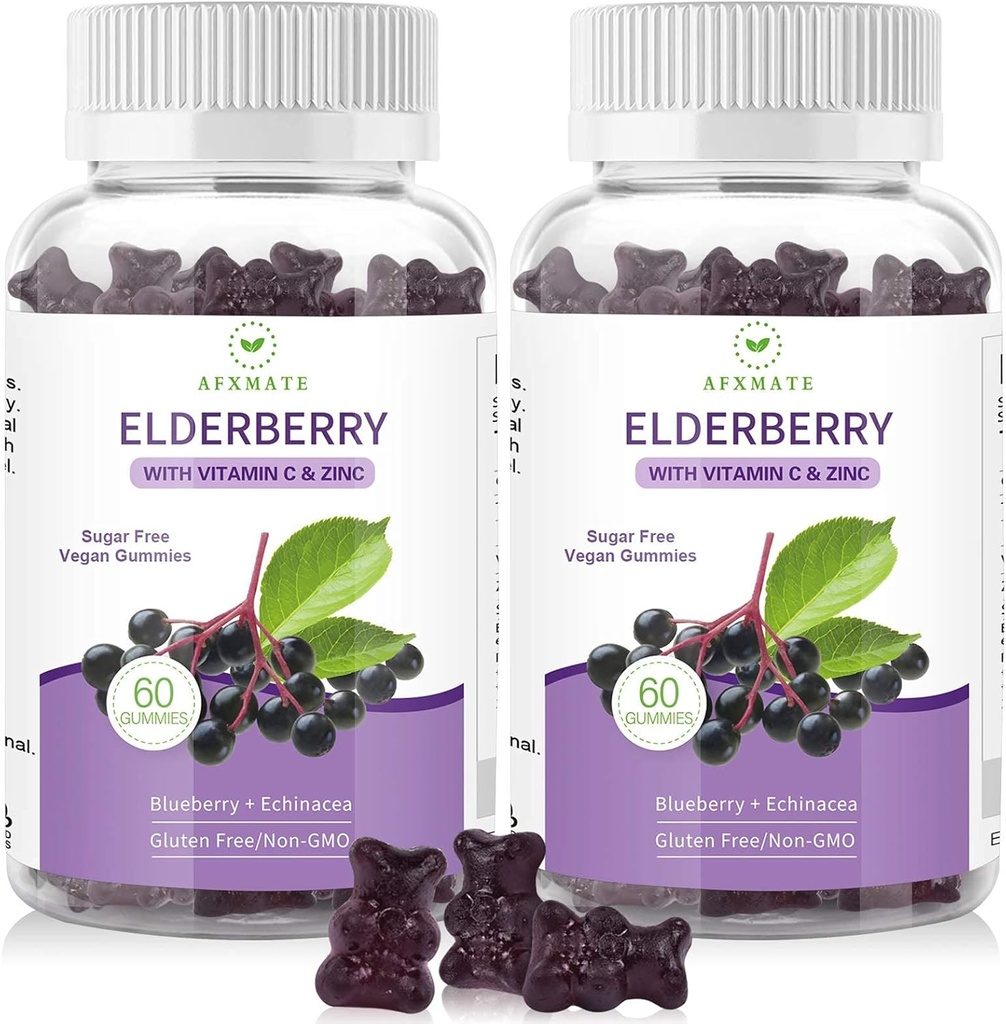 AFXMATE Sambucus Black Elderberry Gummies su cinko ir vitamino C suaugusiems vaikams imuninė parama, Cukraus Free 120 Skaičiavimai