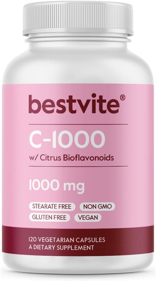 BESTVITE Vitaminas C 1000mg (120 Vegetariškų kapsulių) su Citrus Bioflavinoides - No Stearates - Vegan - Non GMO - Gluten Free
