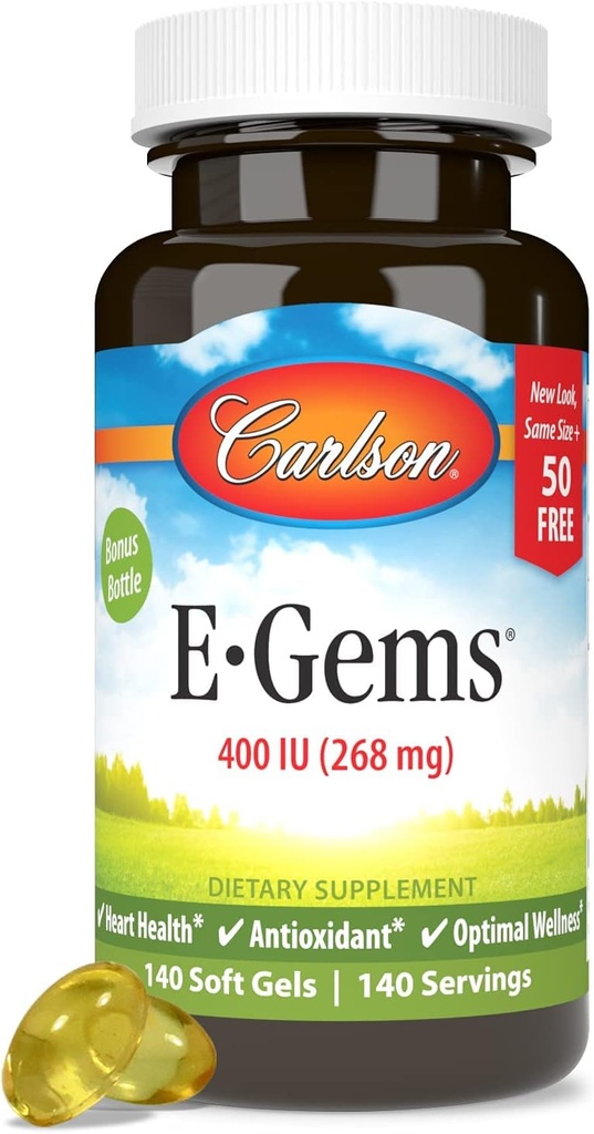 Carlson - E-Gems 400 TV (268 mg), Natural- Source Vitaminas E, Optimalus sveikata, 140 Minkšti geliai