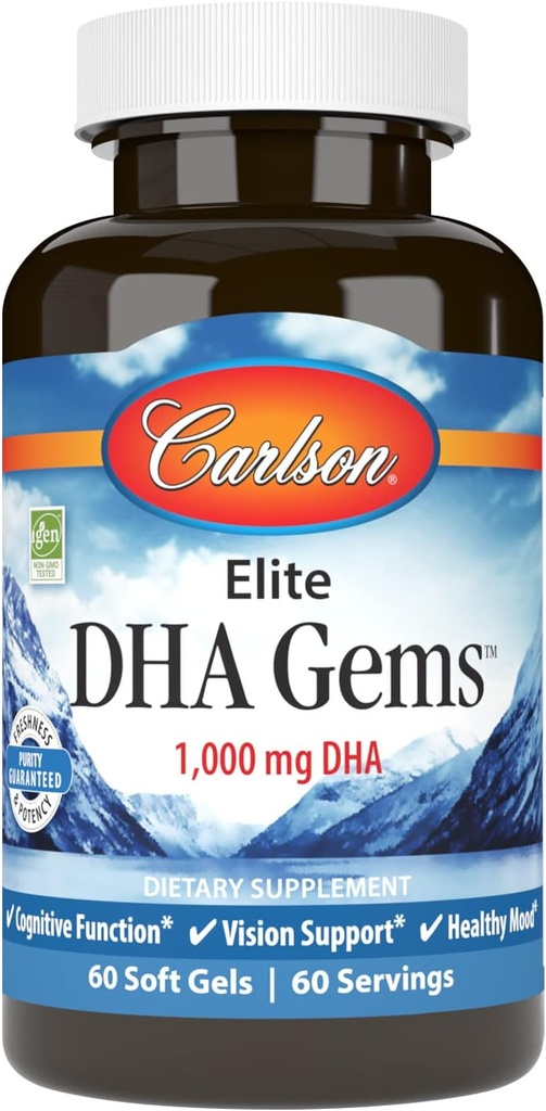 Carlson - Elite DHA brangakmeniai, 1000 mg DHA, Laukiniai Caught, patikimai Sourced, smegenų funkcijos ir sveika vizija, 60 Softgels
