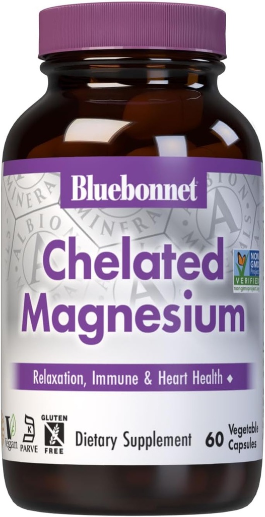 Bluebonnet Nutrition Albion Chelated Magnis Daržovių kapsulė, 200 mg, Stress Relief, Vegan, Non GMO, Gluten Free, Soy Free, Milk Free, Kosher, 60 Daržovių kapsulė, 1 mėnuo tiekimas