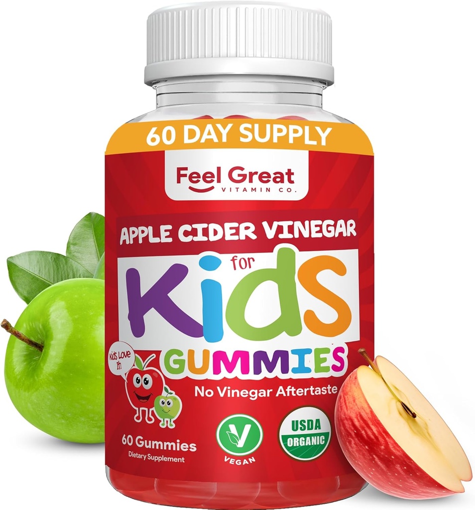 Organic Kids Apple Cider Vinact Gummies by Feel Great Vitaminai ® 124; Rich in Digestive Enzymes & Natural Antioksidants for Gut Health ® 124; Kids Gummy Supports sveiki mitybiniai absorbciją 124; 60 Dienos tiekimas