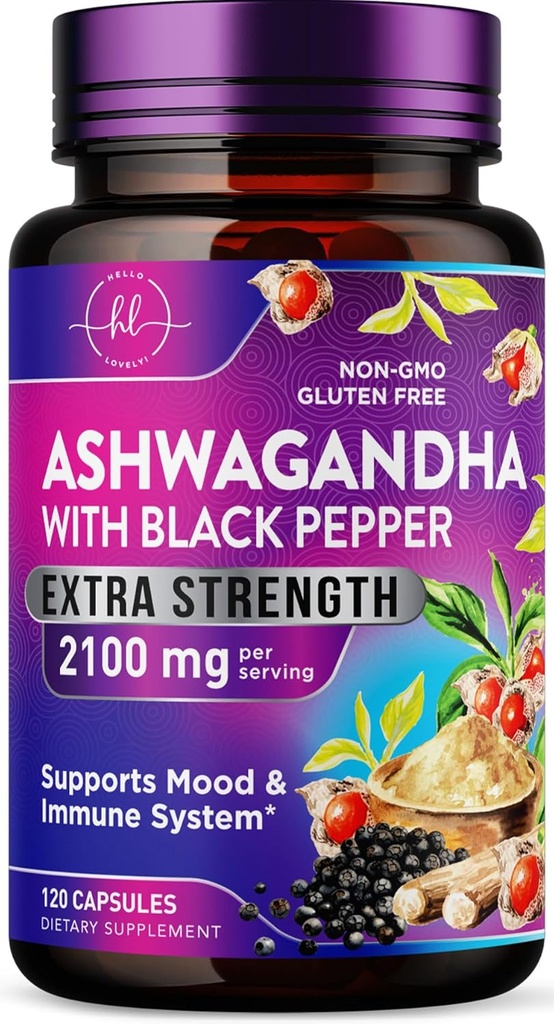 Ashwagandha 2,100 mg - Ashwagandha papildai moterims Veggie Capsules su miltelių ir šaknų ekstraktu, Black Pepper for High Absorption, Augalų pagrindo, Non- GMO, buteliuose JAV - 120 Veggie Capsules