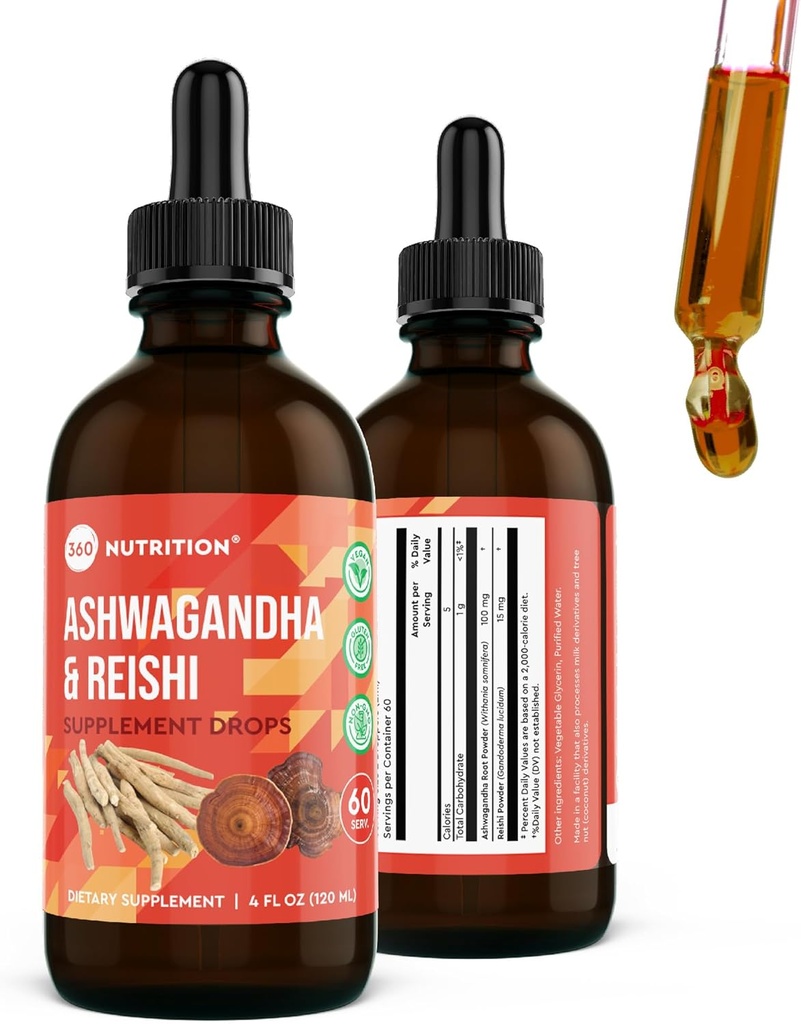 360 Nutrition Ashwagandha & Reishi Root Additive Drops for Stress Relief, Stamina & Longity, and Energy Support - Vegan Non-GMO Adaptogeninis - 4 fl oz, 60 Servings