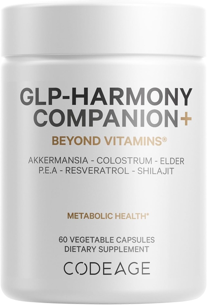 Codeage GLP- Harmony Companion + Priedas - GLP-1 Agonist Support - Liono džinas, Pea, Kolostrum, Shilajit, Akkermansia, Elder, Citrus Bioflavonoids, Brokoliai, Resveratrol - Non- GMO - 60 kapsulių