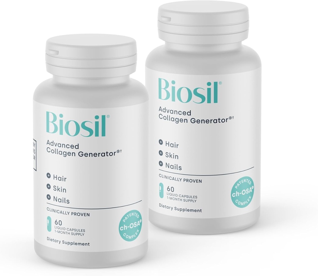 Biosil Collagen Booster priedas - 60 skystų kapsulių, pakuotė 2 - Patentuota ch- OSA aktyvatorius odai, plaukams, vinys ir sąnariai - Palaiko natūralią gamybą - 60 dienų tiekimo