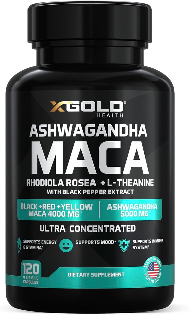 Ashwagandha 5,000mg + Maca root Black, Red, Yellow 4000 mg, Rhodiola & L- Theanine: 30: 1 ekstraktas Ashwagandha Capsules, 20: 1 ekstraktas Maca root Capsules - Priedas vyrams ir moterims