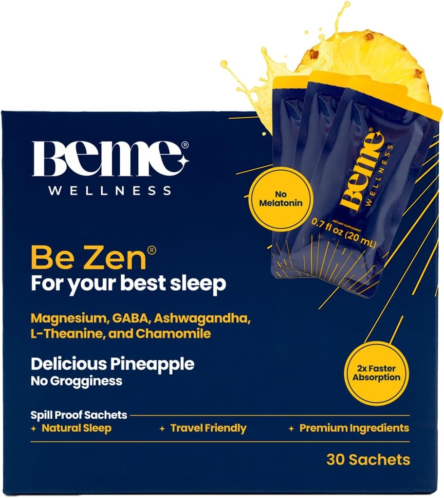 BeMe BeZen miego pagalbos priedas Natūralus be melatonino - 2X Absorbcija Than Pills - Miego pagalba suaugusiems su magnio, Ashwagandha, ramunėlių, L-Theanine & GABA - Skanus Pineapple
