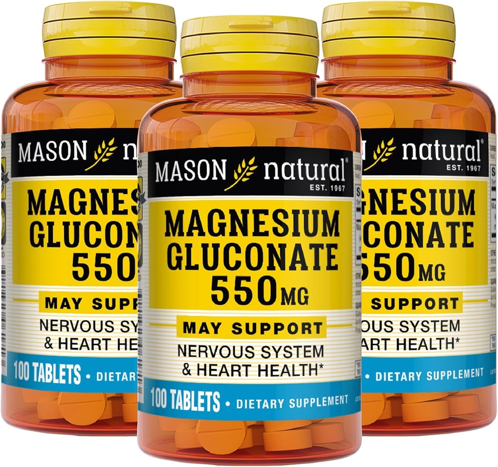 Mason Natural Magnesium Gluconate 550 mg, 300 Day Supply for Normal Healthy Heart and Nervous System Support, 100 Tablets (Pack of 3)