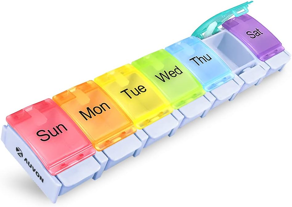 AUVON Weekly Pill Organizer Arthritis Friendly, BPA Free Travel 7 Day Pill Box Case with Spring Open Design and Large Compartment to Hold Vitamins, Cod Liver Oil, Supplements and Medication