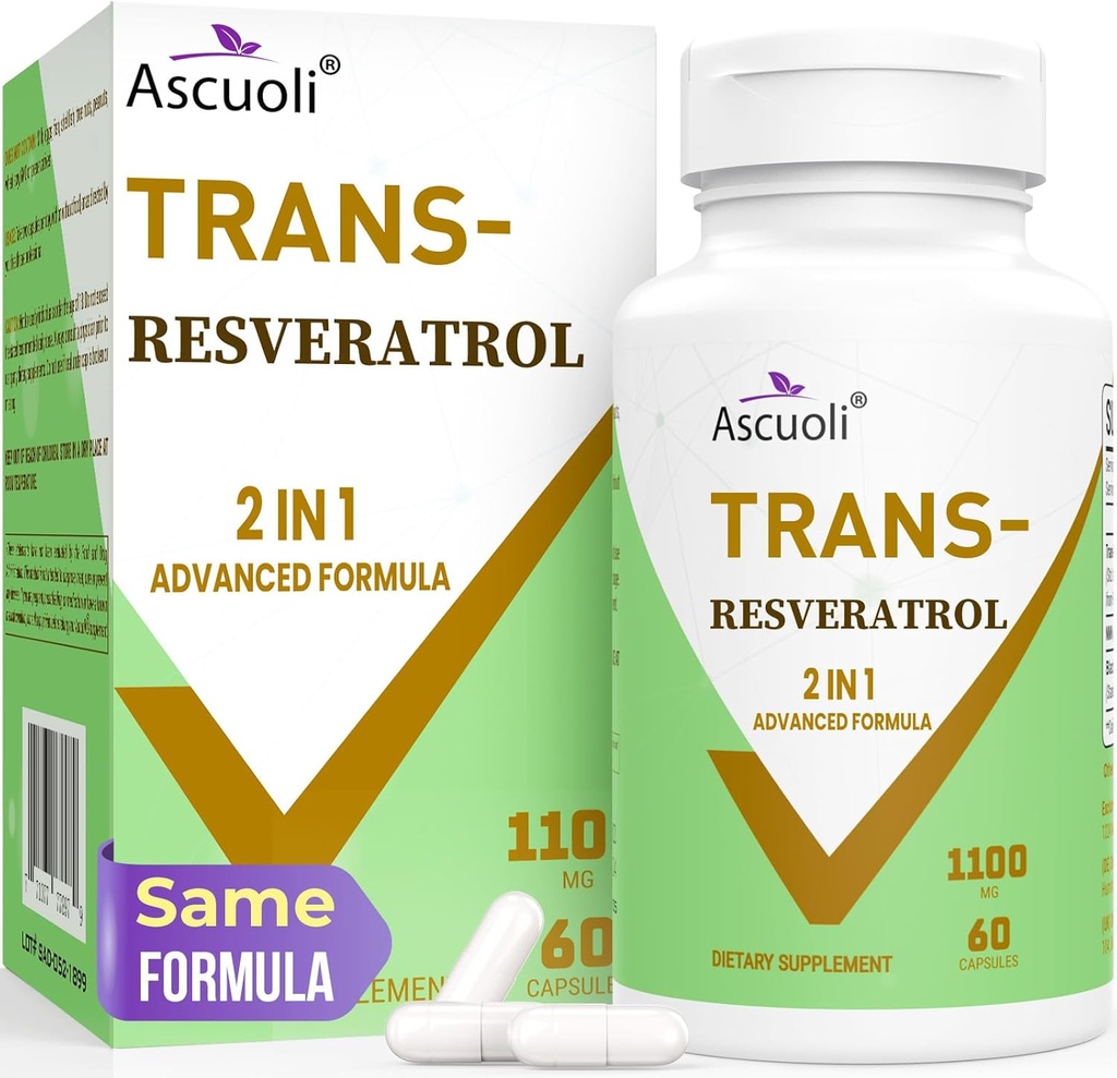 99% Ultra Grynumas Trans- Resveratrol 1100mg, 3- in-1 Advanced Formulės Organinis Resveratrol papildas, Max Antioksidantas, Anti- Senėjimas, Odos sveikata, Ląstelių remontas, Boost NAD +, Imunitetas ir energija, 60 cps