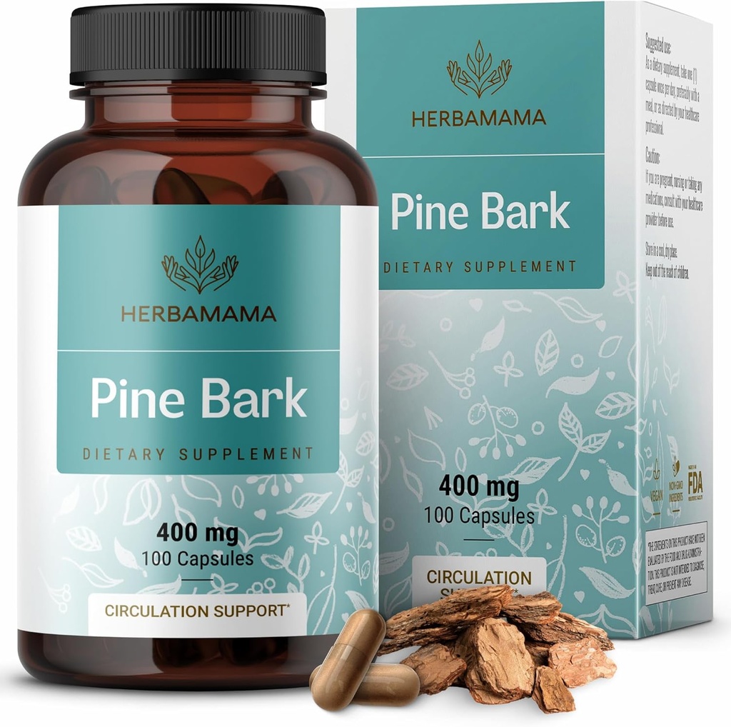 HERBAMAMA Pine Bark Extract Capsules - 400mg French Maritime Pine Bark Extract Powder for Antioxidant Support - Vegan, Non-GMO Pinus Pinaster Supplement
