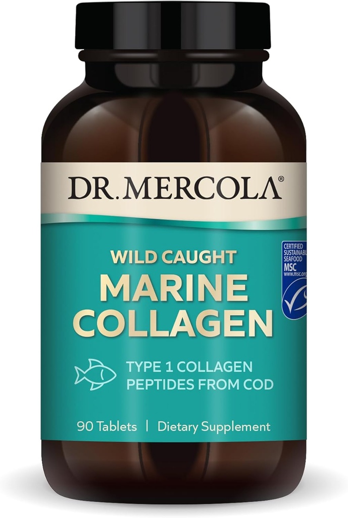 Dr. Mercola Wild Caught Marine Collagen, 30 Servings (90 tablečių), Type I Collagen Peptides, Dieta Priedas, Skatina jaunatvišką išvaizdą, Non- GMO, MSC Certified