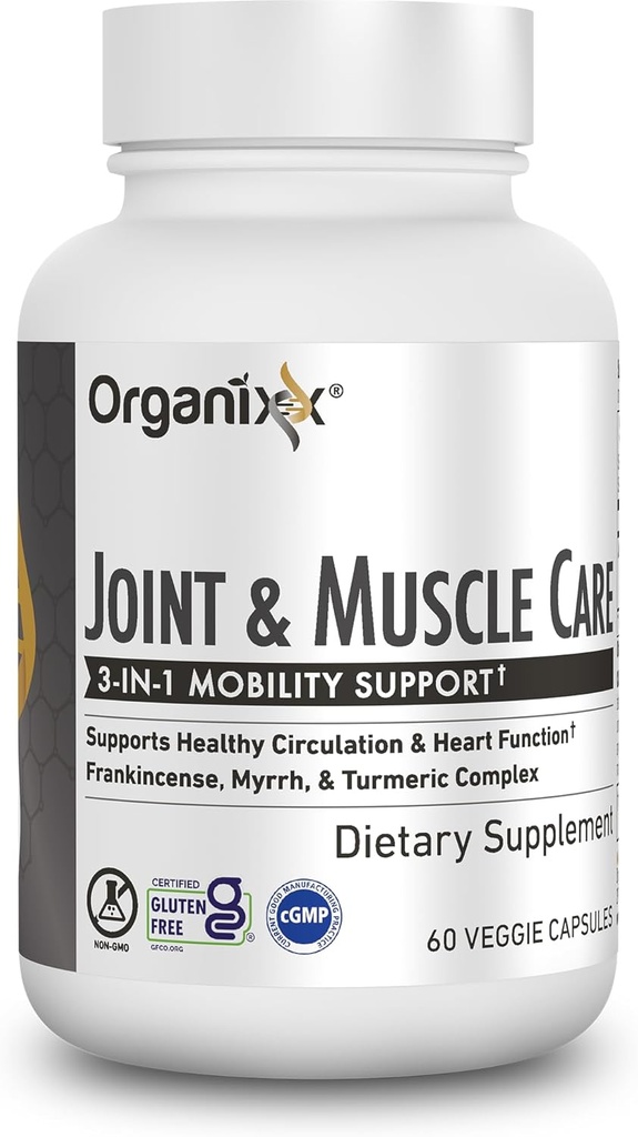 Organixx Joint & Eastle Care Organic Turmeric Addition, 3- in-1 Frankincense, Turmeric and Mirrh Joint Health & Joint Support Additive Body Care Capsules, Palaiko Patinimas, įtempimas, 60 Capsules
