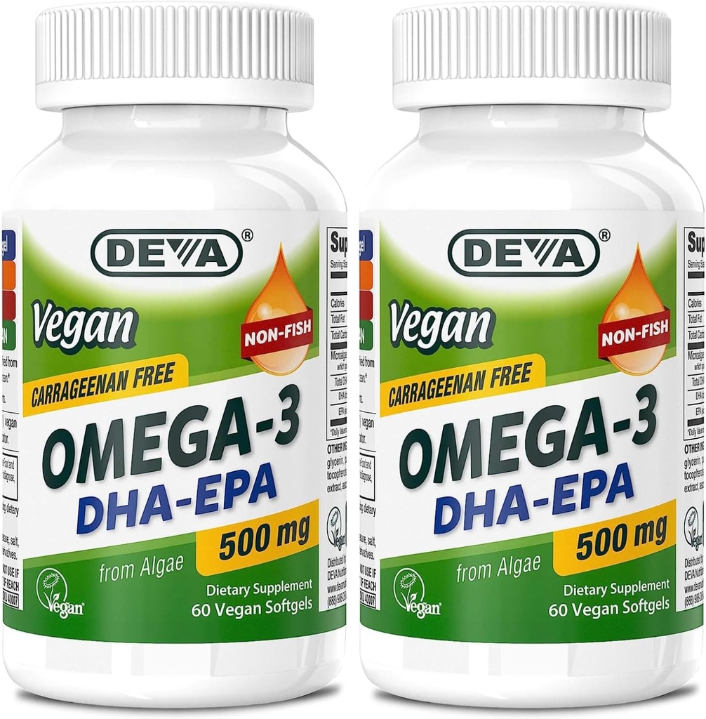 DEVA Vegan Omega-3 DHA EPA 500MG 2-Pack - Nr Karageninas, Non- Žuvies aliejus išvestas iš Algae, Non- GMO, 60 Želatina nemokamai Softgels EA
