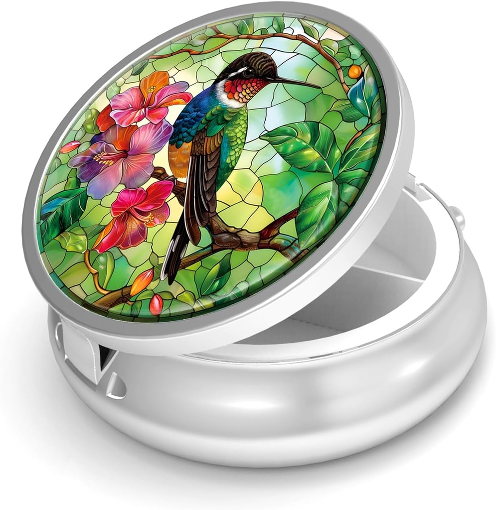 Krepšys Box3 Comunity Mažos piliulės Byla Purse & Pocket Mini metalo pilstymo laikiklis Kelionių pilys konteineris laikyti papildai Vitaminai BPA- Free (Hummingbird)