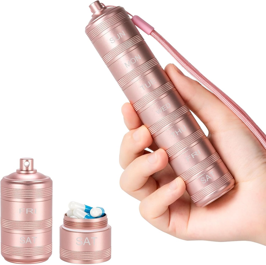 Nešiojamas metalinių pilių medicinos organizatorius - vandeniui nelaidus rinkinys kompaktiškas Travel Pill Box Savaitinis aliuminis lydinio konteineris, 7 Dienos Dienos pilių Organizatorius Turėtojas mažų pilių, Rožinė S