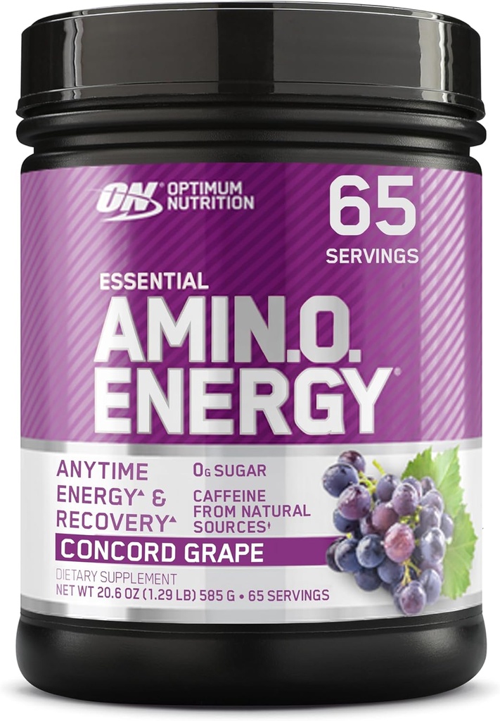 Optimum Nutrition Amino Energy - Pre Workout su žalia arbata, BCAA, Amino rūgštys, Keto Friendly, Žalioji kavos ekstraktas, Energijos milteliai - Concord Vynuogės, 65 Servings (Pakavimo gegužės Vary)