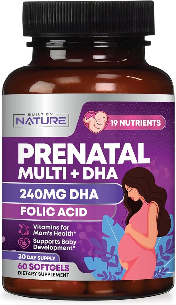 Prenatalinė Vitaminai moterims - Multivitaminas su DHA, Folio rūgštis, vitaminas C, B12, Geležis & Omega-3 - Prieš, nėštumo metu ir po nėštumo papildas sveikam augimui ir smegenų vystymuisi - 60 Softgels