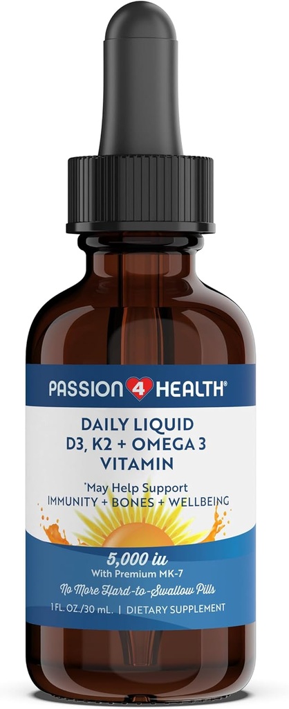 Passion 4 Health Organic Liquid Vitaminas D3 K2 (Mk- 7) + Omega 3 priedas - Skystas vitaminas D lašai (5000IU) - Parama sveikoms zonoms ir raumenims