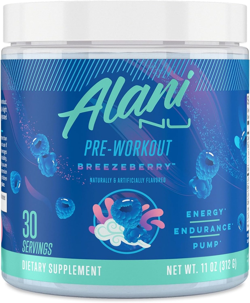 Alani Nu Pre Workout Milteliai BREEZEBERRY, Amino energijos boost, Endurance Addition, Cukraus Free, 200mg Kofeinas, L- Theanine, Beta- Alanine, L- Citrulline, 30 Servings