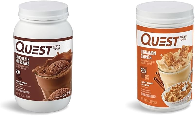 Quest Nutrition Šokolado Milkpurch baltymo milteliai, 22g baltymas, 1g cukrus, mažas karbas, Gluten Free, 3 Svaras, 43 Servings & Cinnamon Crunch baltymo milteliai, 20g proteinas, 2g grynasis karbas, 1g cukrus