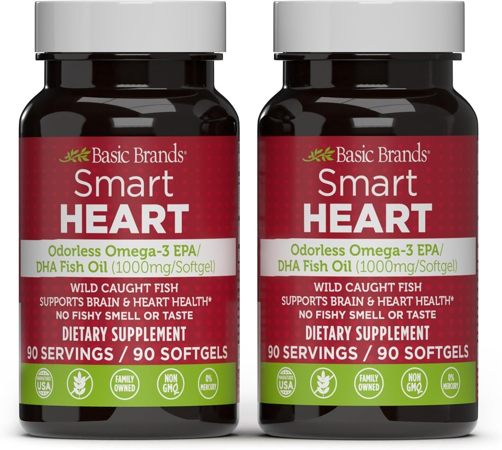 Baziniai prekiniai ženklai Smart Heart Odorless Omega-3 Fish Oil 1000mg - Triple Force EPA & DHA, Non-GMO, Heart & Cognitive Support - 90 Burpless Softgels - 2-Pack
