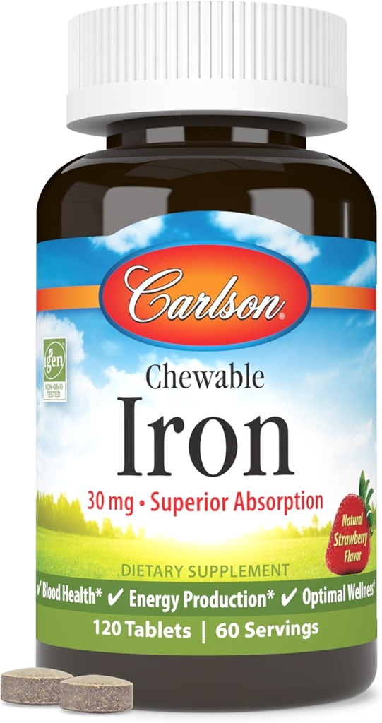 Carlson - Chewable Iron, 30 mg, Superior Absorption, Kraujo sveikata, Energijos gamybos & Optimal Wellness, Chewable Iron Addition for Women & men, Natural Braškių skonio, 120 tablečių