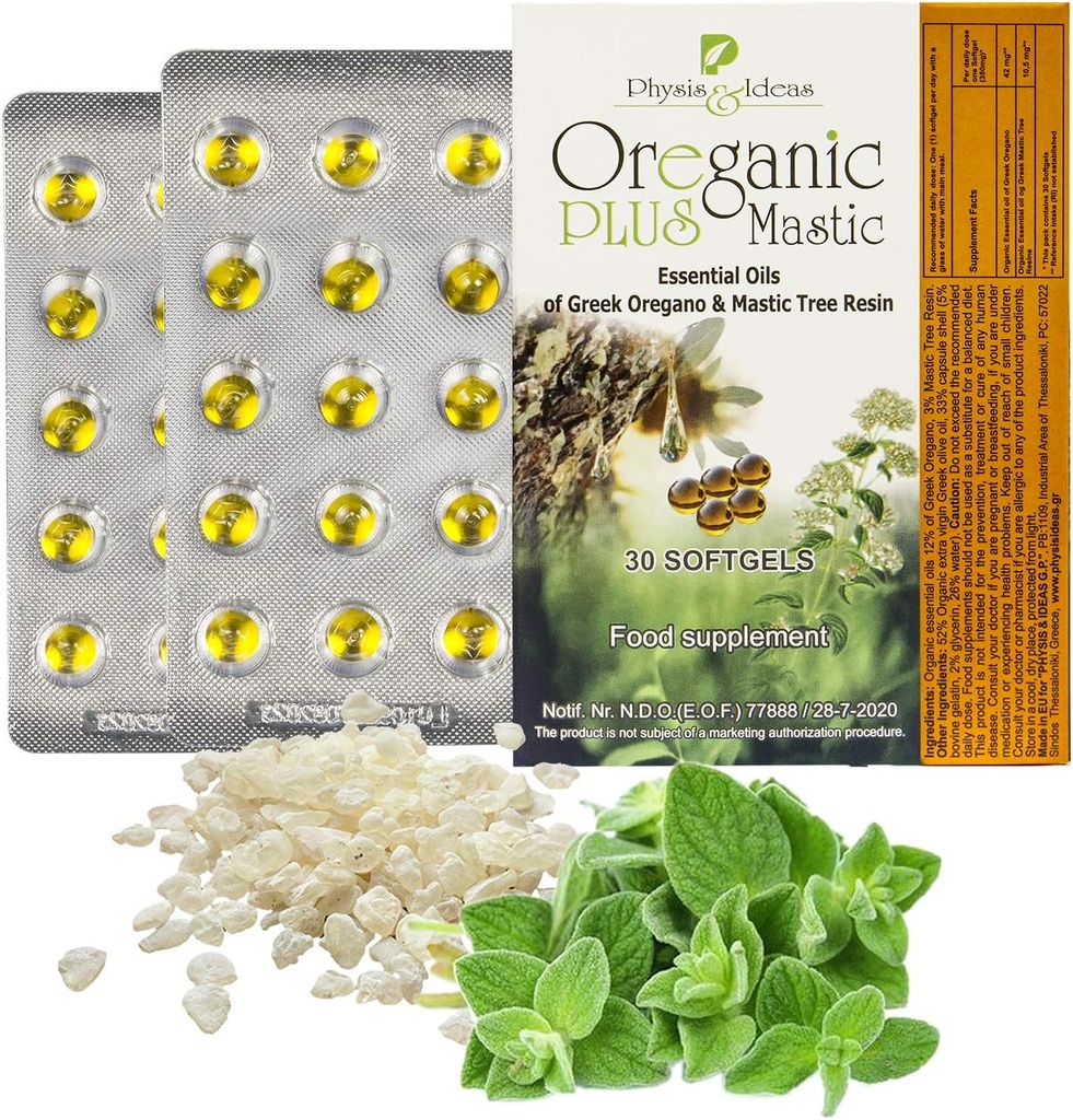 Oregano Plus mastic - Oregano Eterinio aliejaus kapsulės & Chios Mastic Gum aliejus - Laukiniai raudono aliejaus kapsulės Organinis - Imuninis stiprintuvas ir žarnyno parama - Non- GMO - 30 Count Blister