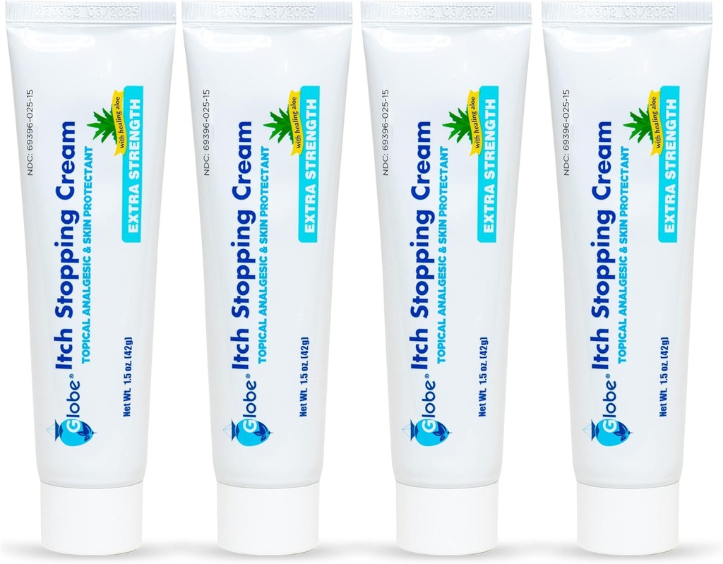 (4 pakuotė) Globe Extra stiprumo Itch Stabdymas Anti- Itch Cream 1,5 Oz su Histamino Blocker, Difenhidramino HCl Aktualus analgezic & Cinko acetato odos apsaugos nuo atleidimo nuo dauguma lauko niežulys