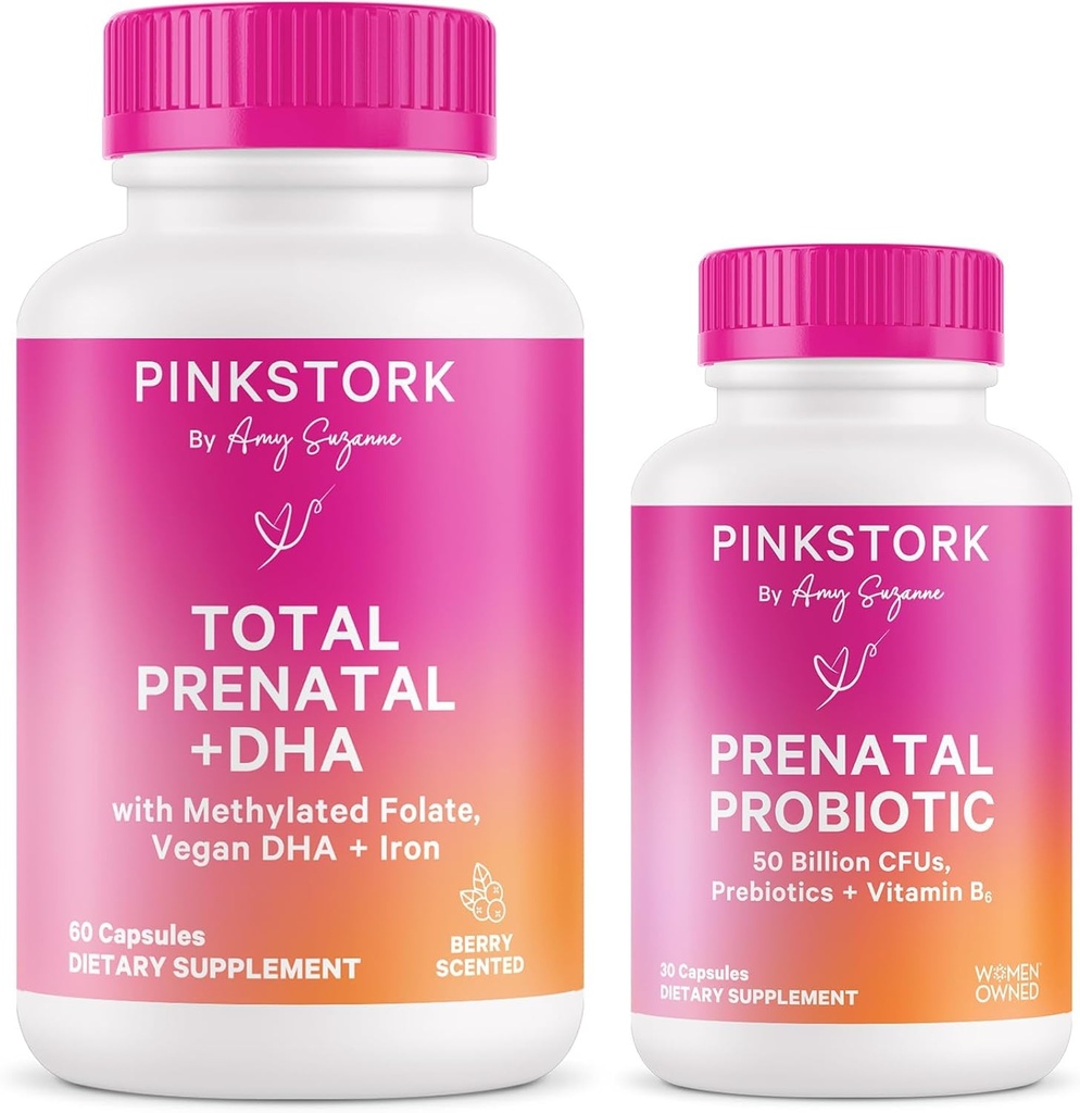 Rožinė Stork Prenatal Vitaminas Duo: Prenatal Vitaminai ir Probiotikai nėščioms moterims - ryte Ligos ir vaisiaus vystymosi parama su DHA, Folate, Vitaminas B6, ir daugiau - 2 Produktai, 90 Kapsules
