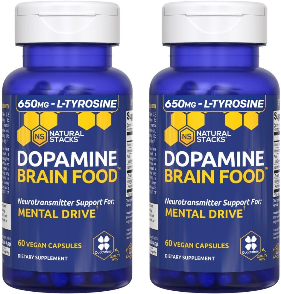 Dopamino smegenų maisto - 650mg L- tirozino papildas - Dopamino priedas Focus & Mental Drive - Palaiko psichikos energiją - Neurotransmiterių palaikymas su B vitaminais - 120 kapsulių