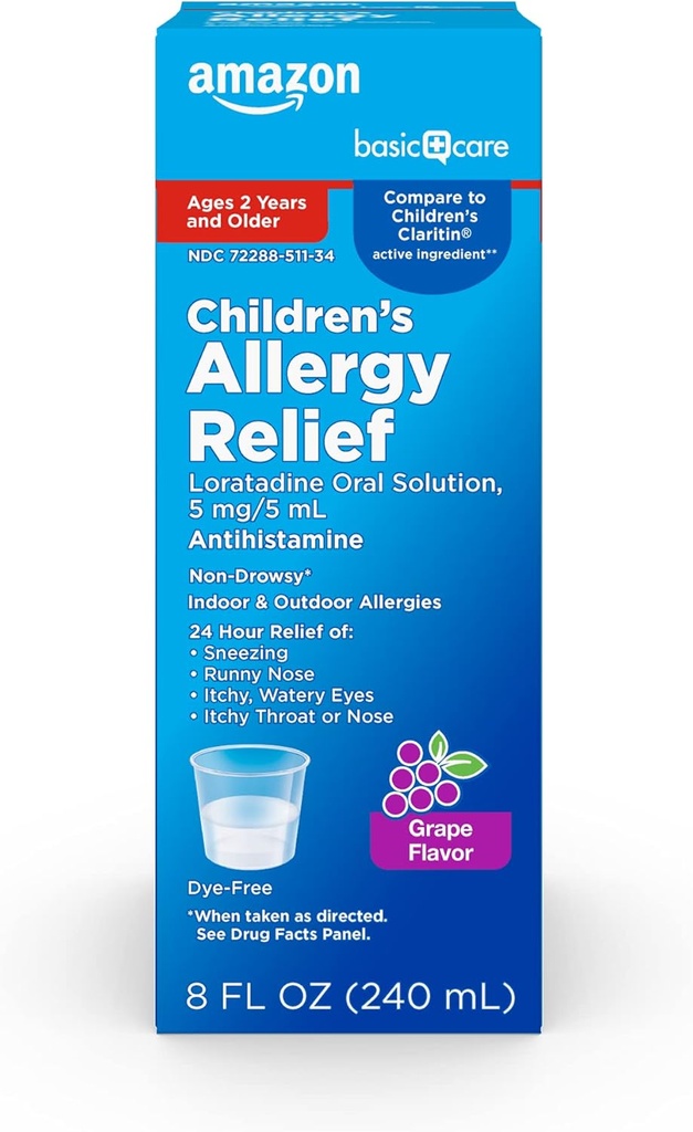 Amazon Basic Care Children’s Allergy Medicine, 24 Hour Loratadine Oral Solution 5 mg/5 mL, Non-Drowsy Antihistamine, Grape Flavor, Ages 2 and Older, 8 fl oz (Pack of 1)