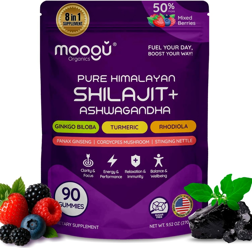 18,000mg Pure Himalayan Shilajit (90 Gummies) Ashwagandha, 75% Fulvic Acid & 85 + Trace Minerals I Men, Women I Panax Ginseng, Rhodiola, Turmeric, Gingko Biloba, Cordyceps, Stinging Nettle.