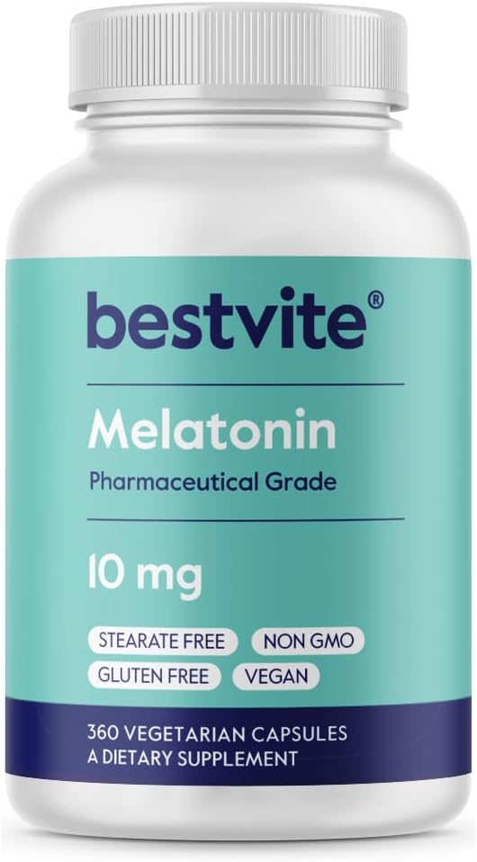 BESTVITE melatoninas 10 mg - 360 Veg Caps - No Stearates - No Sucralose, No Dextrose, No Silicon Dioxide, No Manitolis - Vegan - Non- GMO - Gluten - Free - Sleep Aid for support reserve & Wake Cycles