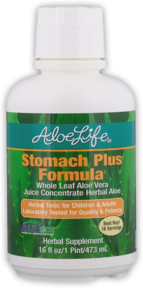 Aloe Life - Stomach Plus Formulė, Fast- veikia tonikas vaikams, suaugusiems, & Senjors, Palaiko sveiką Digestion & Padeda Soothe Gas, Bloating, & Pykinimas, Aloe Vera Koncentrate, Gluten- Free (16 oz)